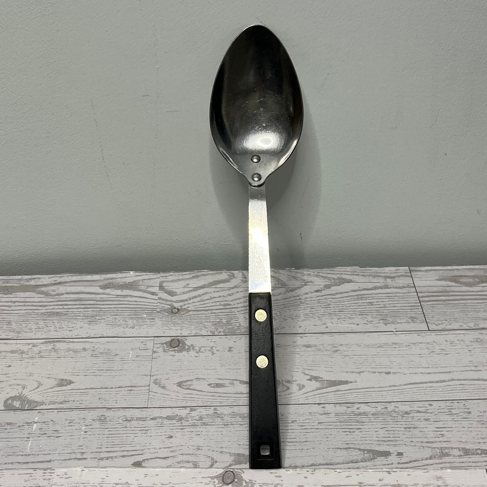 Vintage Household Stainless Steel Serving Spoon Black Riveted Handle USA MCM